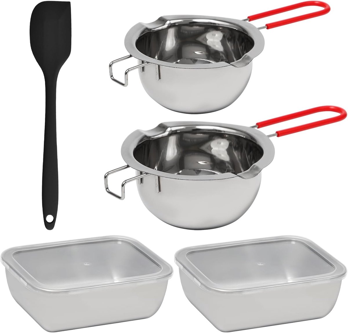 2 waterbaden van roestvrij staal met 1 siliconen schraper, 2 containers met deksel chocolade smeltschaal voor chocolade, suiker, boter, kaas, karamel (480 ml + 600 ml)