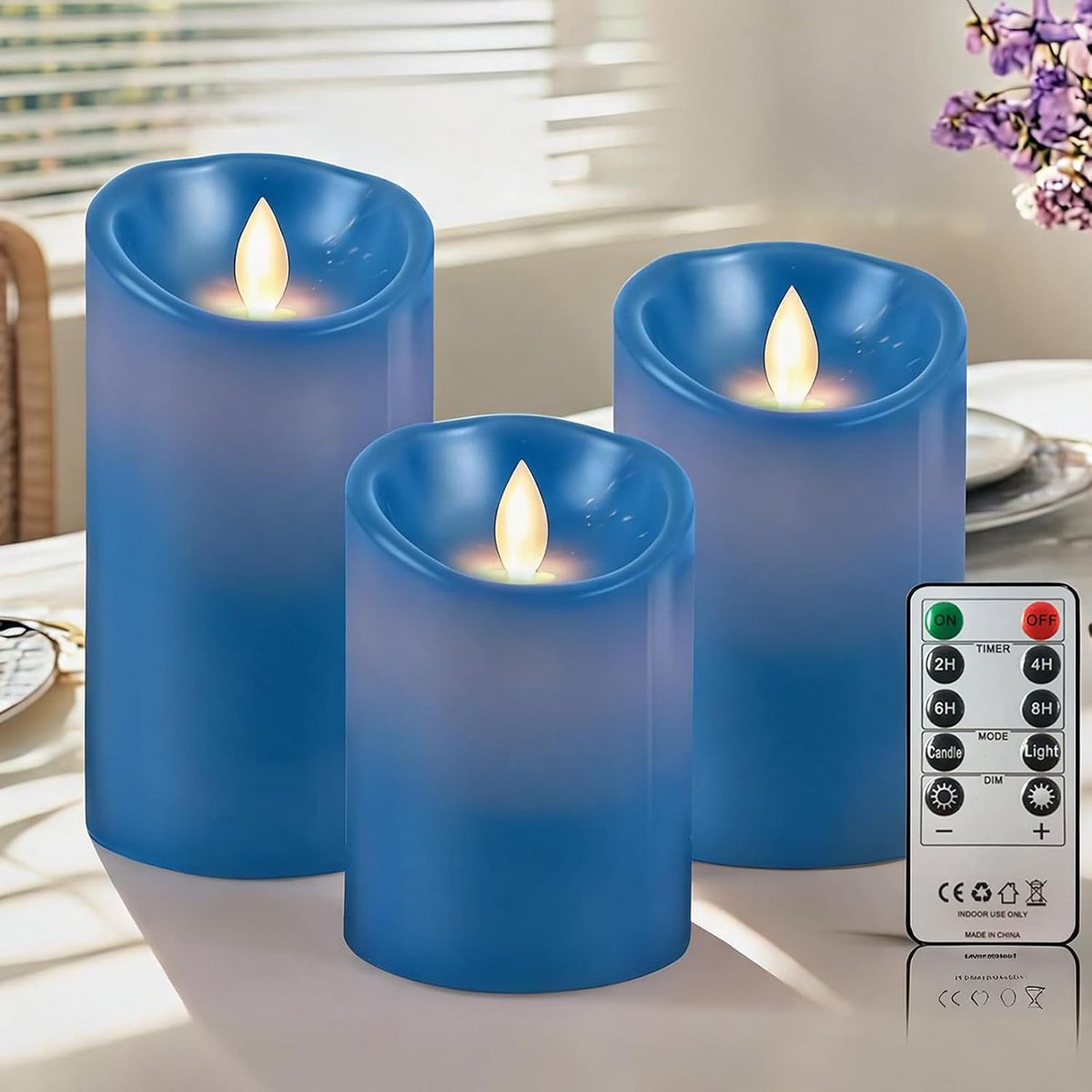 Echte wax kaarsen set van 3 vlamloze stompkaarsen blauw | Afstandsbediening met 10 knoppen, 2/4/6/8 uur timer, werkt op batterijen, flikkerend licht, binnendecoratie, H 10/12,5/15 cm