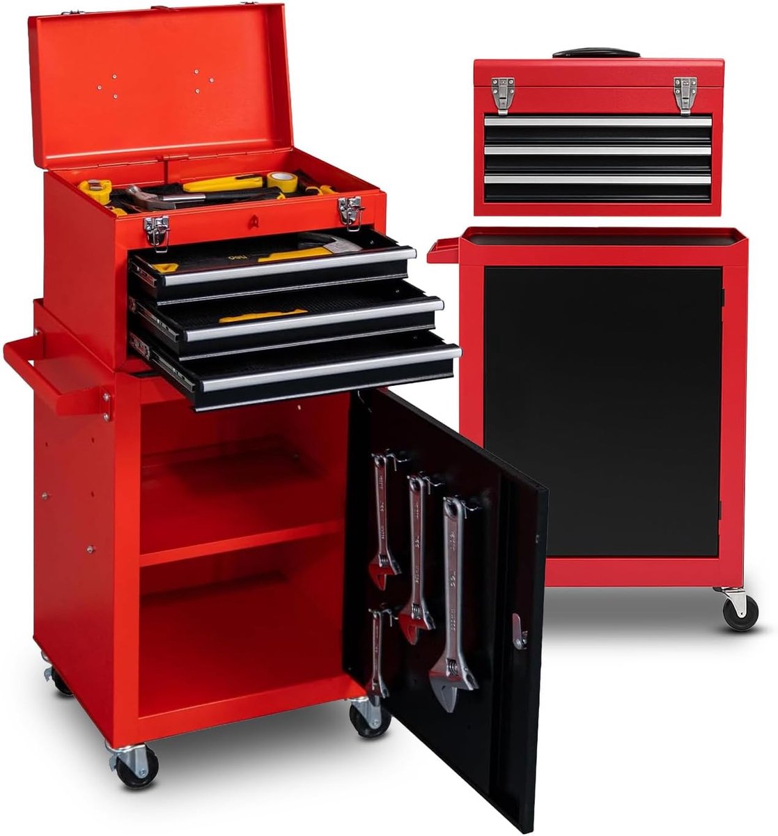 Gereedschapswagen met 3 uittrekbare laden en afsluitbare kast voor garage en werkplaats, frame van gelakt metaal, gemakkelijk te verplaatsen (rood)
