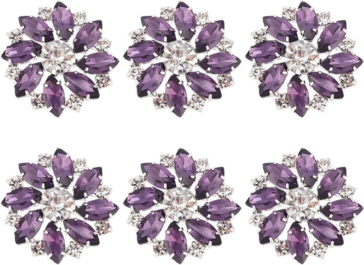 Set van 6 platte koperen naaiknoopjes met 1 gat en vlakke achterkant, bloemmotief, indigo kristal, strass en sneeuwvlok voor stof, knutselen, trouwdecoratie - 26 mm