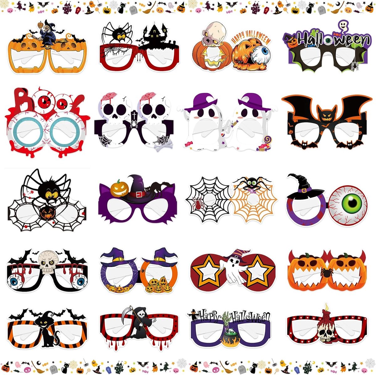 Partybril, 20 stuks grappige Halloween feestbril, grappige brillen, Halloween-bril, doodshoofd, pompoen, geest, vleermuis, heks, hoed, spin, grappige feestbril, decoratieve