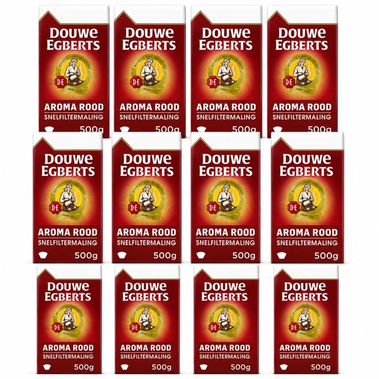 Twaalf pakken Douwe Egberts Aroma Rood snelfiltermaling, 500g per pak. Donkerrode verpakking met goudkleurig logo.