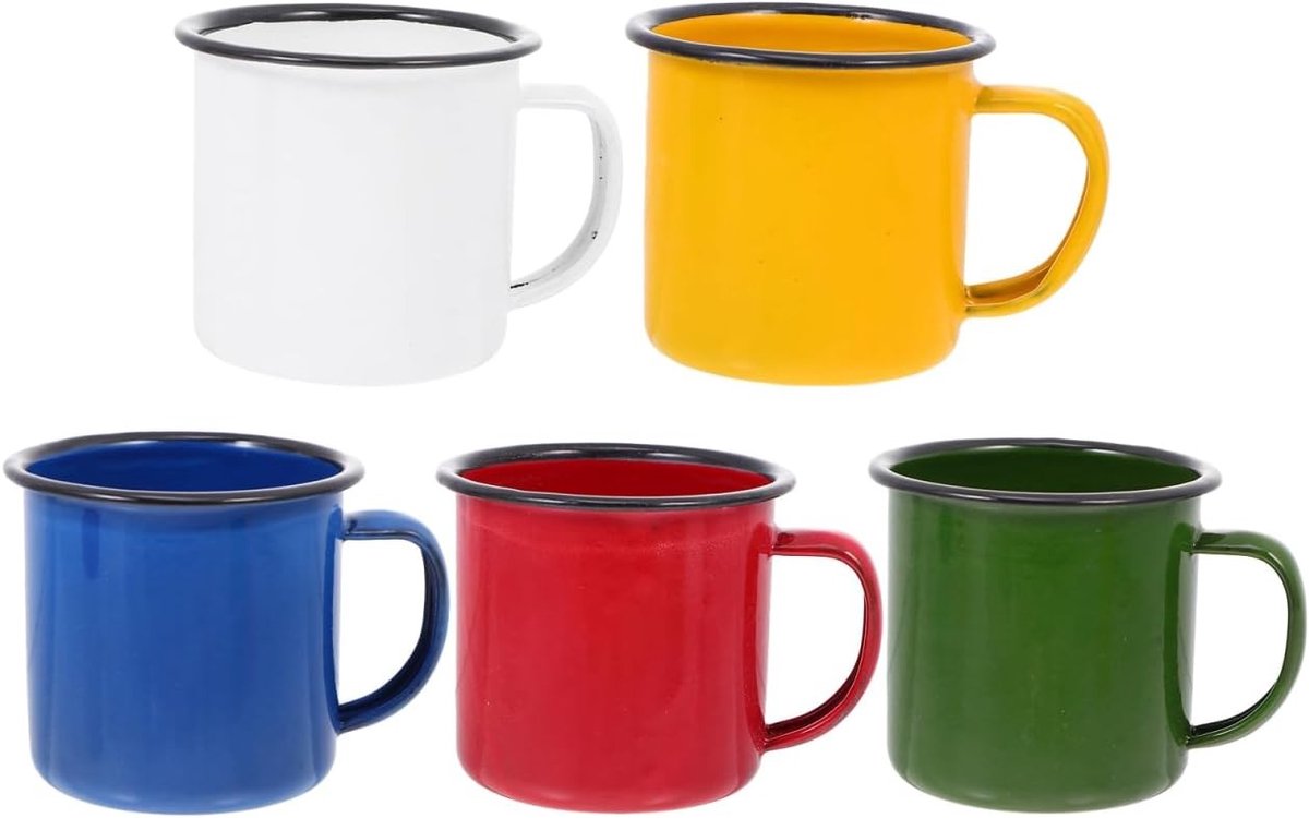 Set van 5 Emaille Mokken Vintage Retro Multifunctioneel voor Koffie, Thee en Wijn met Geïsoleerde Handgreep en Ronde Randen