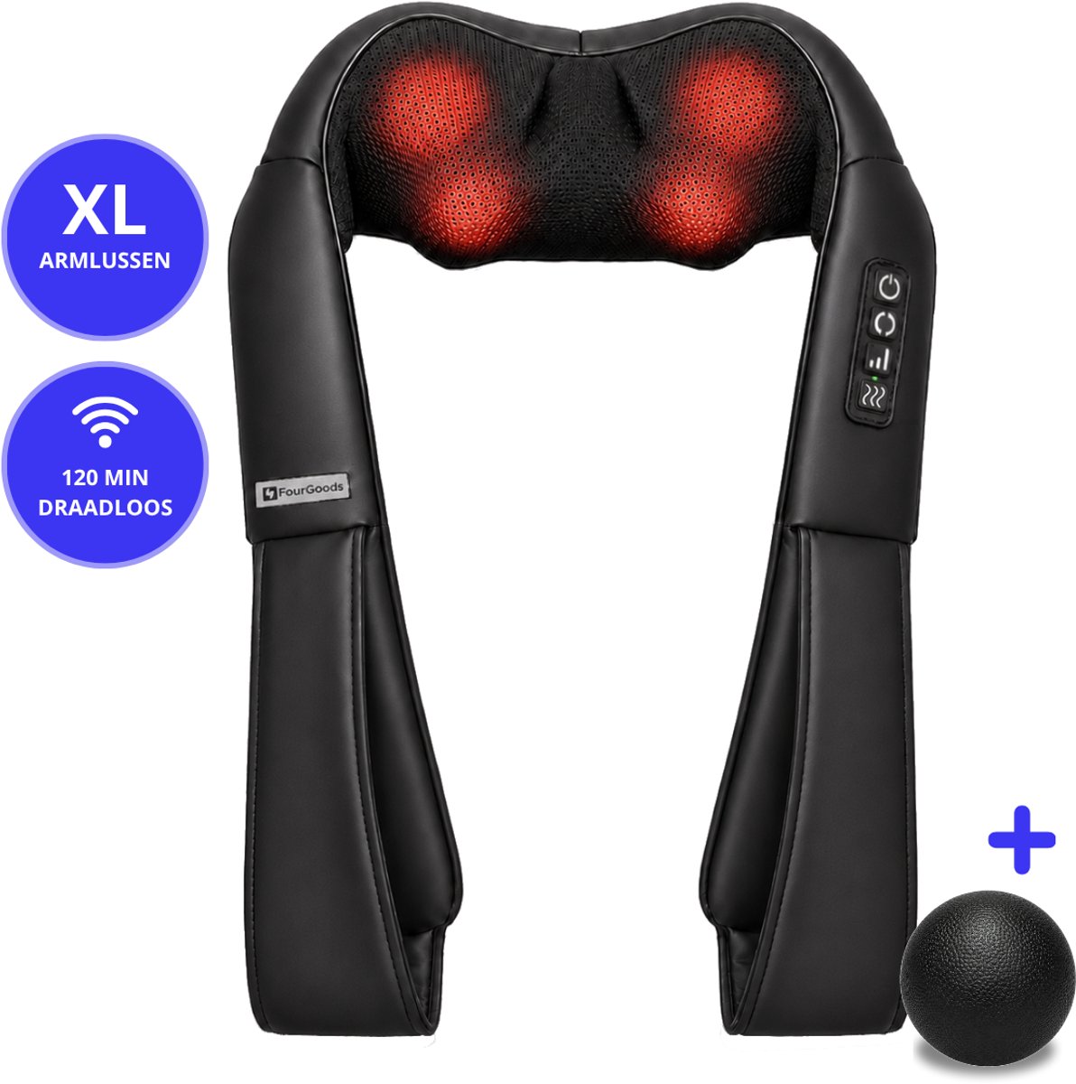 FourGoods XL Nekmassage Apparaat - 120 Min Draadloos - Incl. Massagebal - Shiatsu Massagekussen Nek & Rug