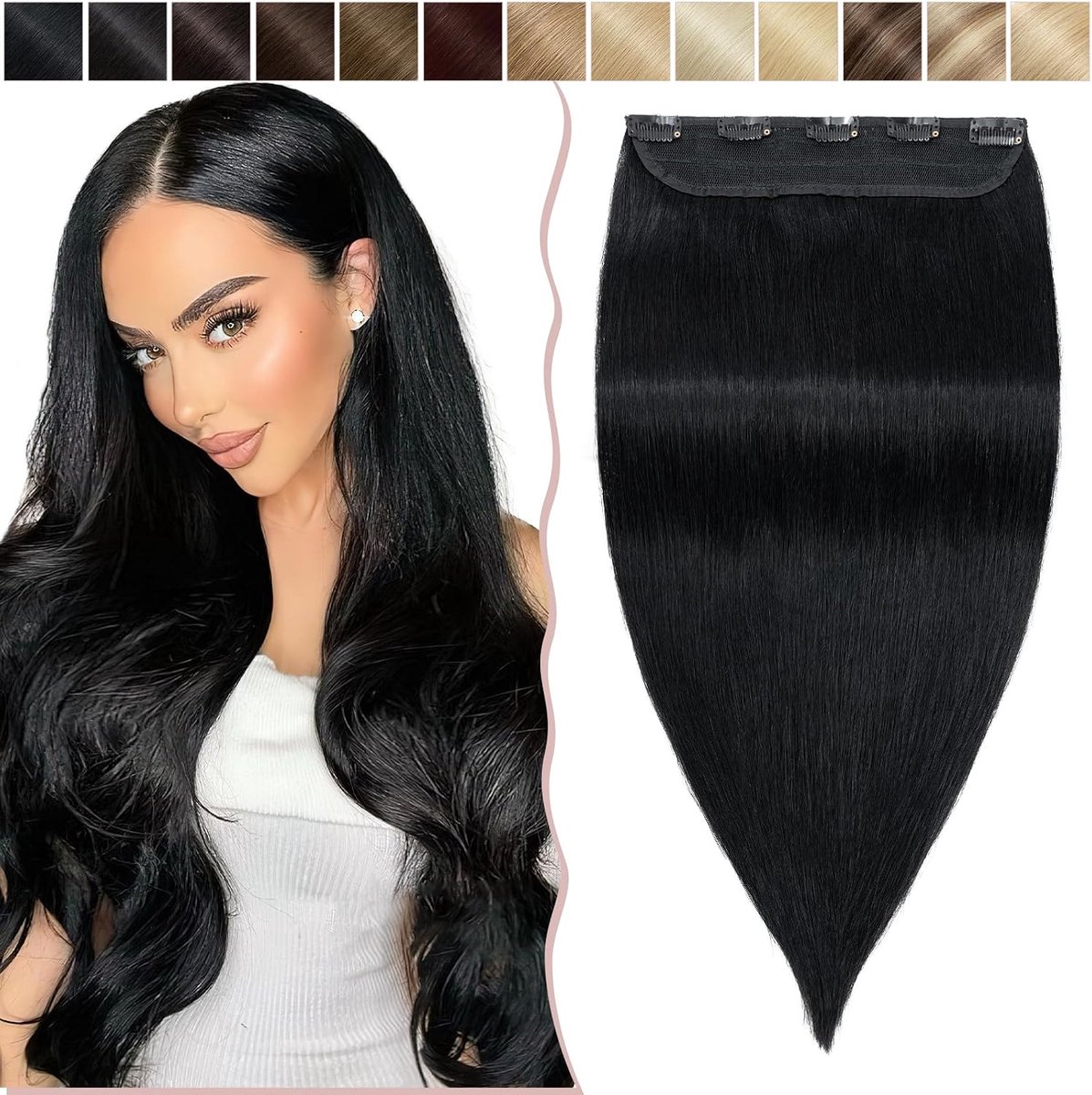 Haarextensies, DIK 7A 100% echt menselijk haar, 1 delig, 5 clips, dicht haarstukje, Remy echt haar, glad, zwart#1-1, 50 cm - 95 g