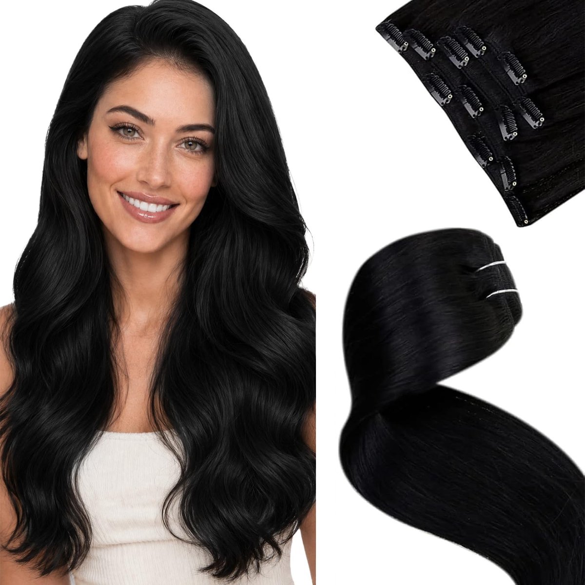 Clip in Hair Extensions Human Hair 5 Stuks 80g 55 cm Zwart Hair Extensions #1