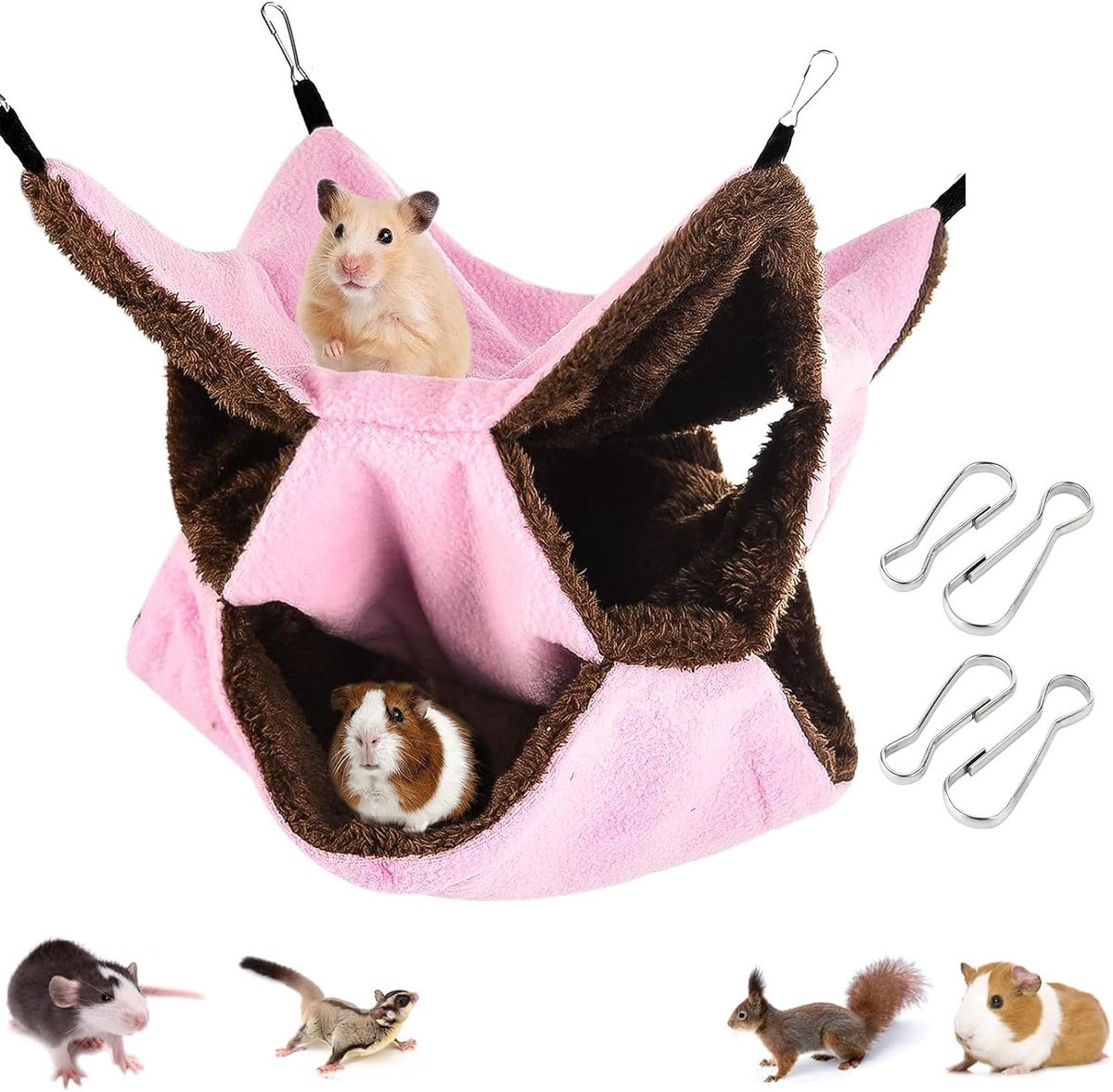 Hangmat, hangmat voor kleine dieren, drie lagen hangmat cavia's, zachte pluche ratten, hangmatten, kooi, hangmatset, voor ratten, hamsters, roze