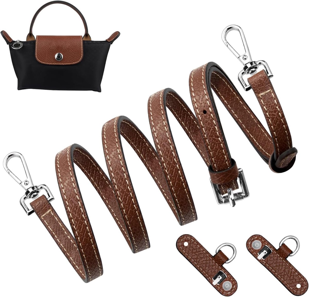 Echt Lederen Schouderriem Voor Longchamp Bag Strap, Crossbody Strap Replacement voor Longchamp Mini Bag, No-Punch & Verstelbare Tassenriem Crossbody(Breedte:1.1cm,Bruin&Zilver)