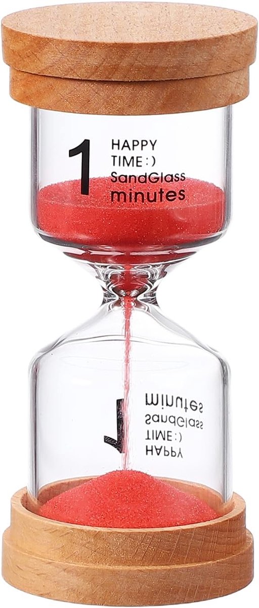 1 minuut zandtimer, houten zandhorloge, hoog glas, zandloper, timer voor woonkamer, keuken, thuiskantoor, restaurant, decoratie, rood
