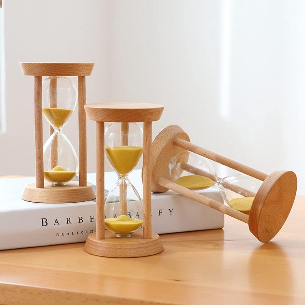 Creatieve originele zandloper van hout, woonkamerornament, 3/5/10/15/20/30 minuten, druppelbestendige glazen timer, desktopdecoratie, voor keuken, restaurant, decoratief, 15 minuten