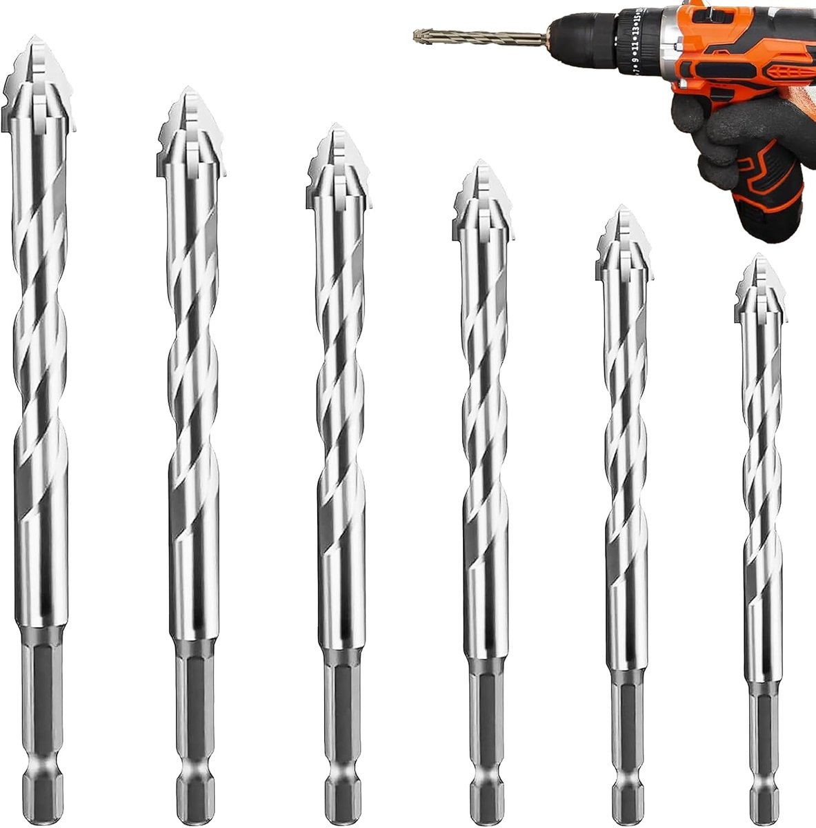 Power bitboor, zaagtandboor, 6-delig, boorset, betonboor, viersnedige zaagtand-excentrische boor, 4/5/6/8/10/12 mm, zeer sterke excentrische boor met 4 snijkanten voor beton, glas,