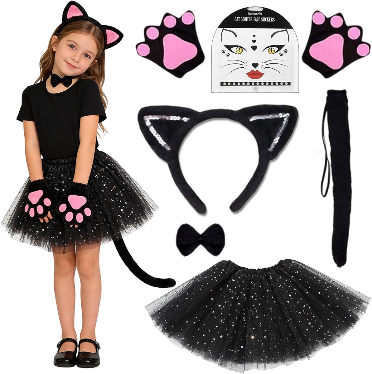 Kattenkostuum voor kinderen, carnavalskostuum voor kinderen, 5-delig carnavalskostuum voor kinderen, met tutu tulerok, kattenoren hoofdband, staart, stropdas, handschoenen, carnavalskostuums