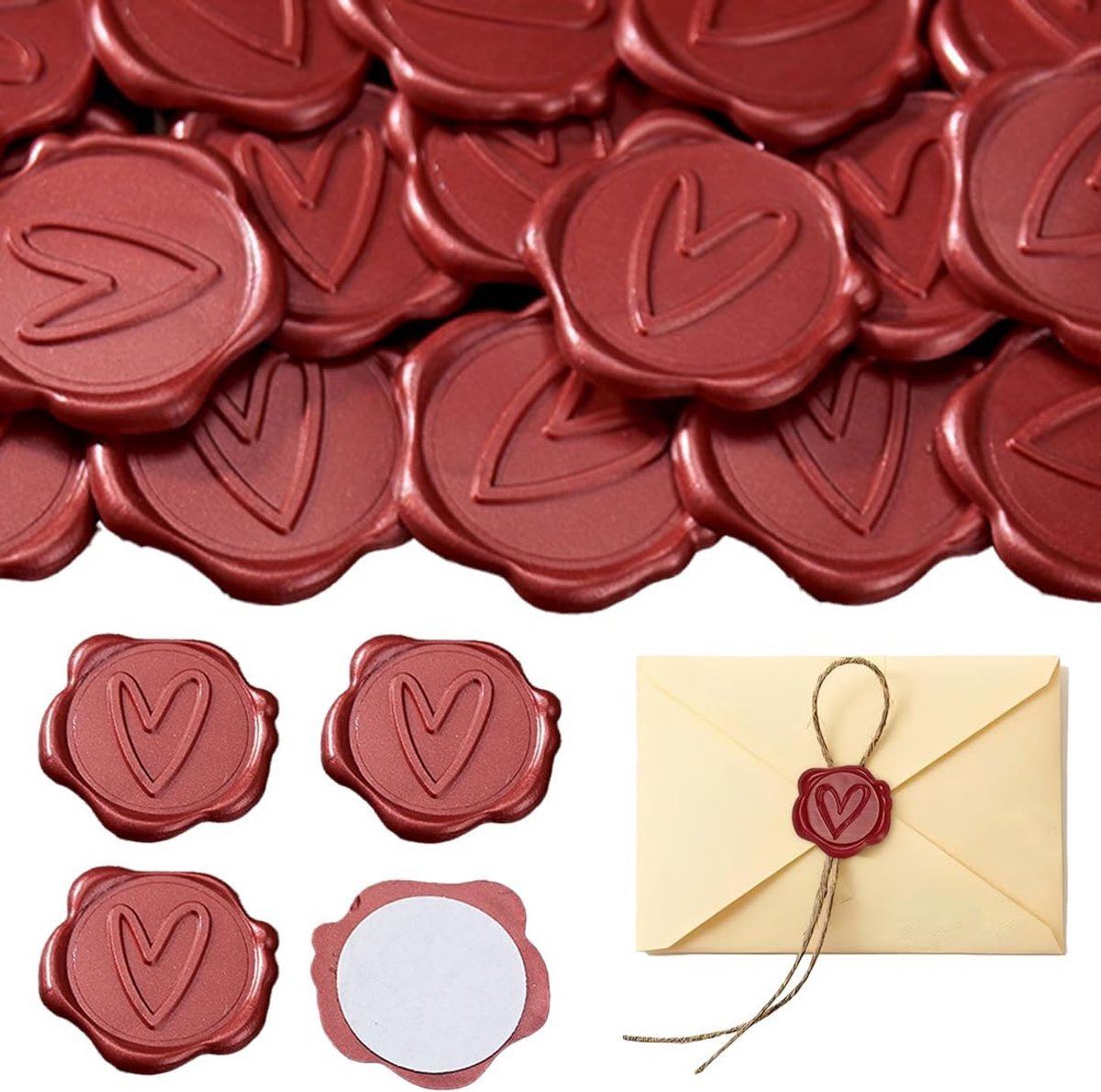 30 stuks zelfklevende waszegels vintage voor bruiloft, klassieke decoratie voor uitnodigingen, enveloppen, verjaardagen en feestjes (hart) (wijnrood)