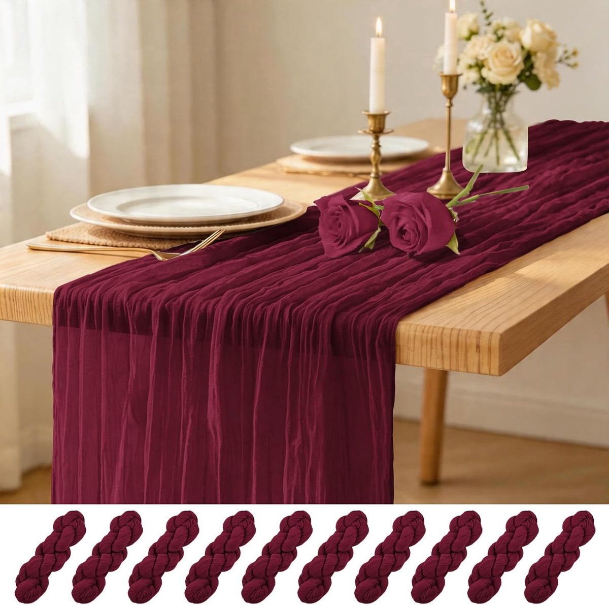 10 stuks bordeauxrode tafelloper 43 x 274 cm kaasdoek tafelloper rustieke boho gaas pure stof kaasdoek tafellopers voor bruiloftsfeest bruids babyshower, verjaardag lente tafeldecoratie