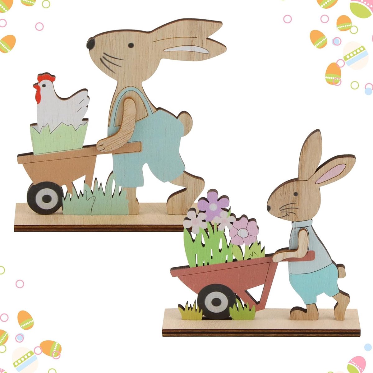 Hazen, hout, set van 2 staanders voor Pasen, hazendecoratie voor de lente, binnen en buiten, paasdecoratie, hout, paasdecoratie, tuin (blauw)