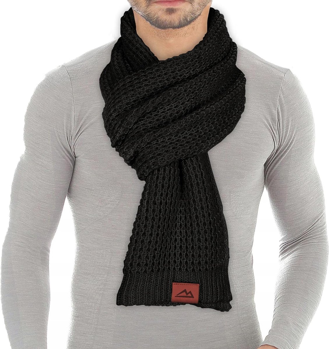 Sjaal voor dames en heren, klassieke gebreide sjaal met wafelpatroon, wintersjaal, uniseks, warme pluche sjaal, lange sjaal met echt leer, cadeau voor man en vader, 180 * 30cm