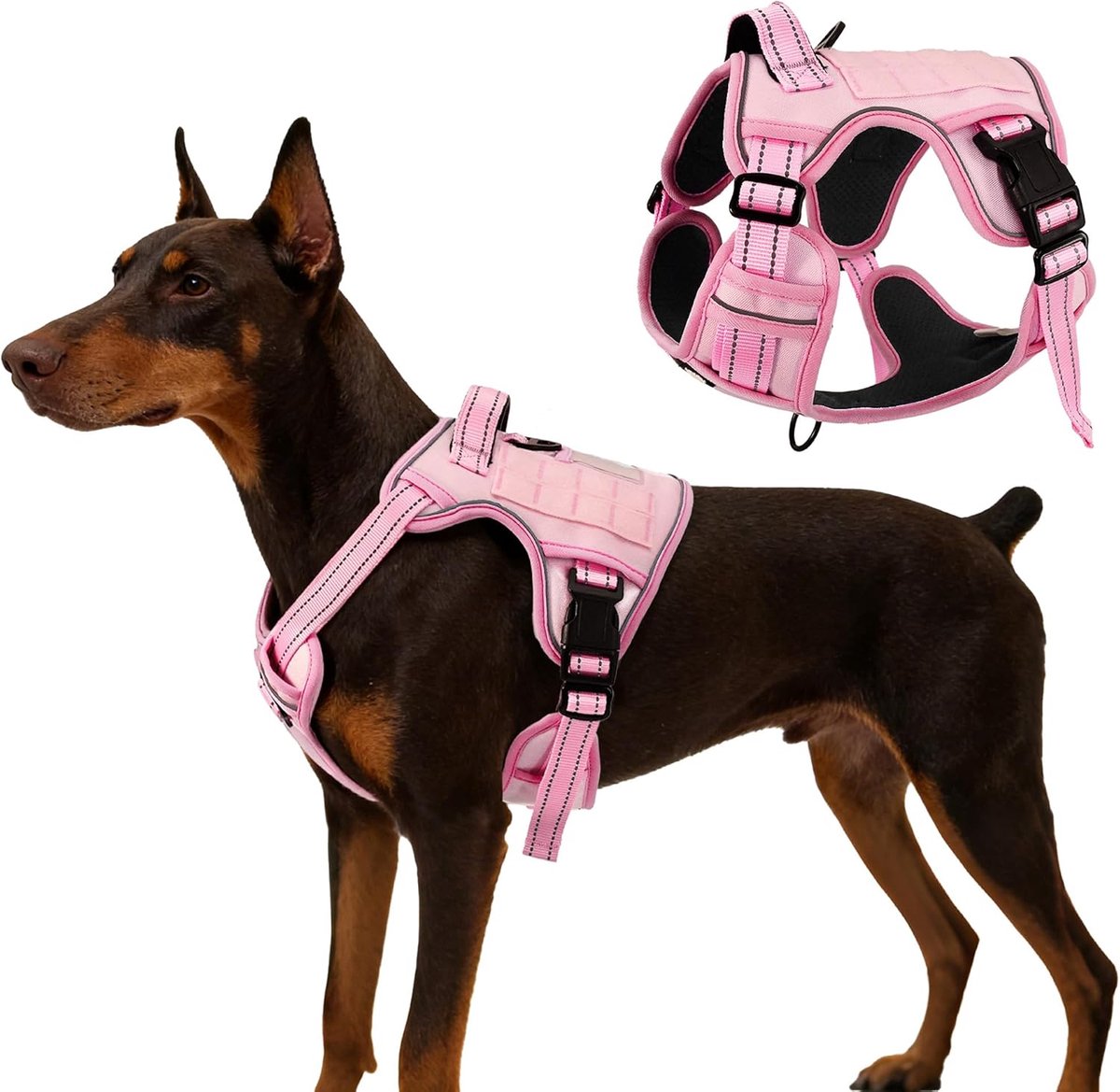Tactisch hondenharnas voor middelgrote honden — Dienstharnas zonder trek met handvat en PALS-banden, reflecterend ontwerp zonder wurging voor training en wandelen, roze, M