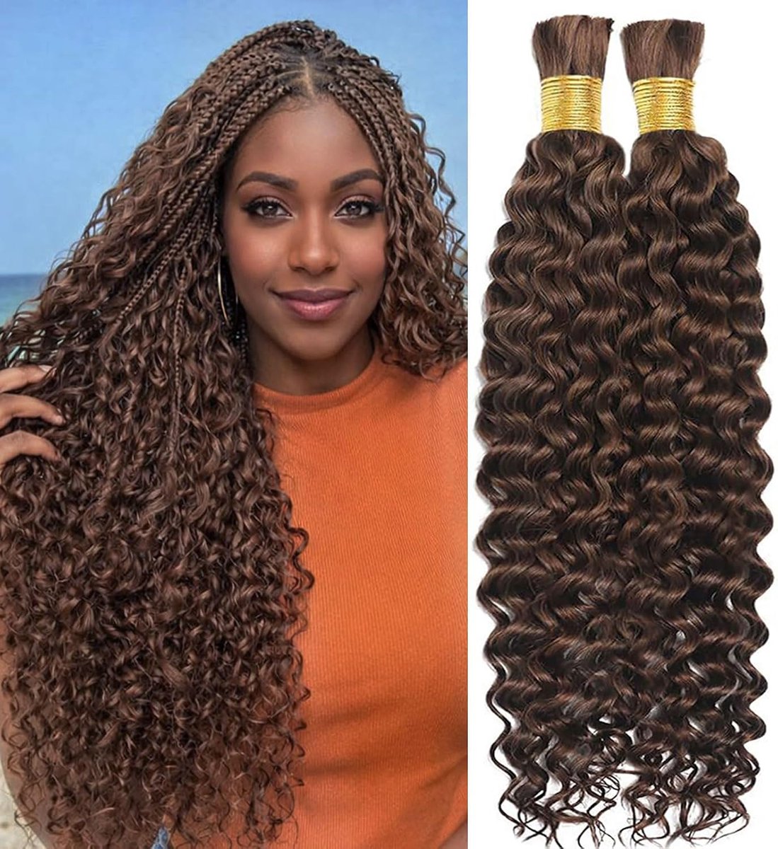 Water Wave Human Hair Extensions Passion Twist Curly Braiding Virgin Hair No Weft Dark Brown 2 Bundles 100g (4# 16inch)