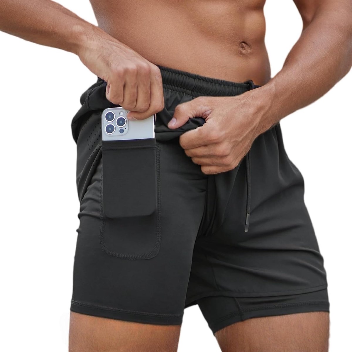 Shorts voor heren, korte broek, sneldrogend, 2-in-1 hardloopshorts, licht met ritssluiting, sportbroek met zakken, broek, fitness, loopbroek, trainingsshorts