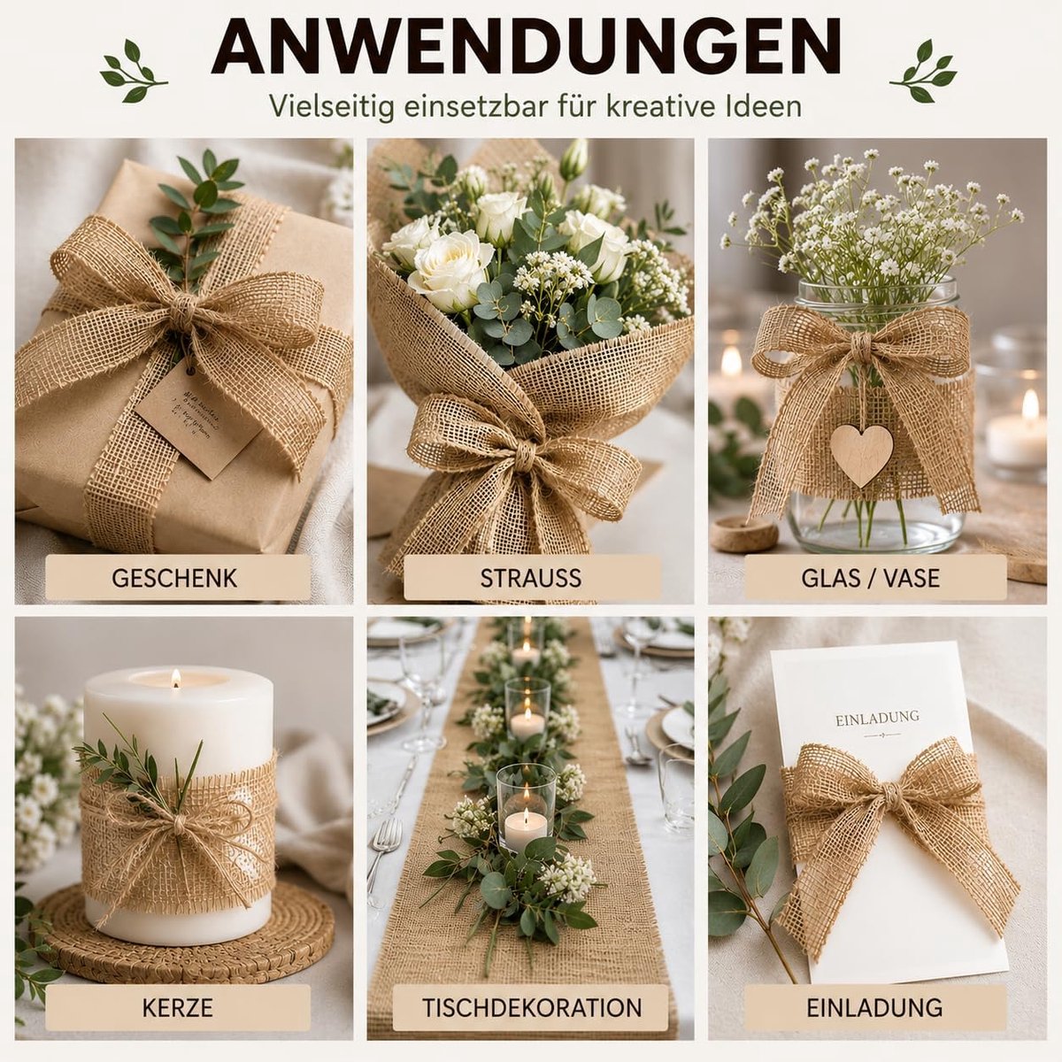 Jute lint. Vintage cadeaulint. Sierlint jute voor bruiloften. Bescherming en decoratie van planten. 20cm, 10m, 180g/m.kw.