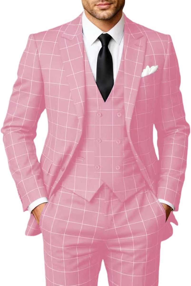 Pak voor heren, 3-delig, klassiek geruit herenpak, colbert, broek, vest voor bruiloften en zaken