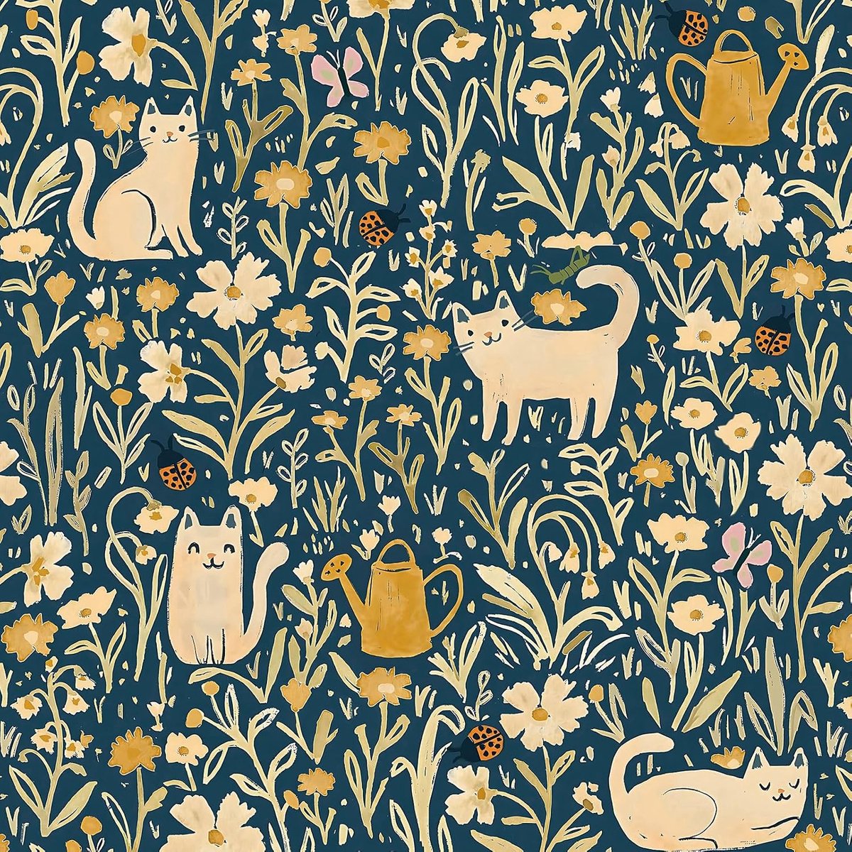 Behang, 41 x 300 cm, patroon met blauwe bloemen, voor meubels, geel bloemenpatroon en kat, vinyl, voor woonkamer, slaapkamer, kinderkamer