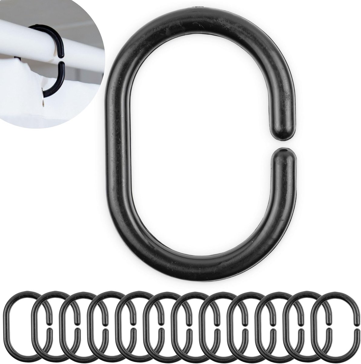 Ringen, 12 stuks, in Zwart, Ø 46 x 29 mm binnen, voor douchegordijnstangen, ringen voor douchegordijn, douchehaak C-ring badkamer, gordijnhaak douche badkuip, gordijnring c vorm