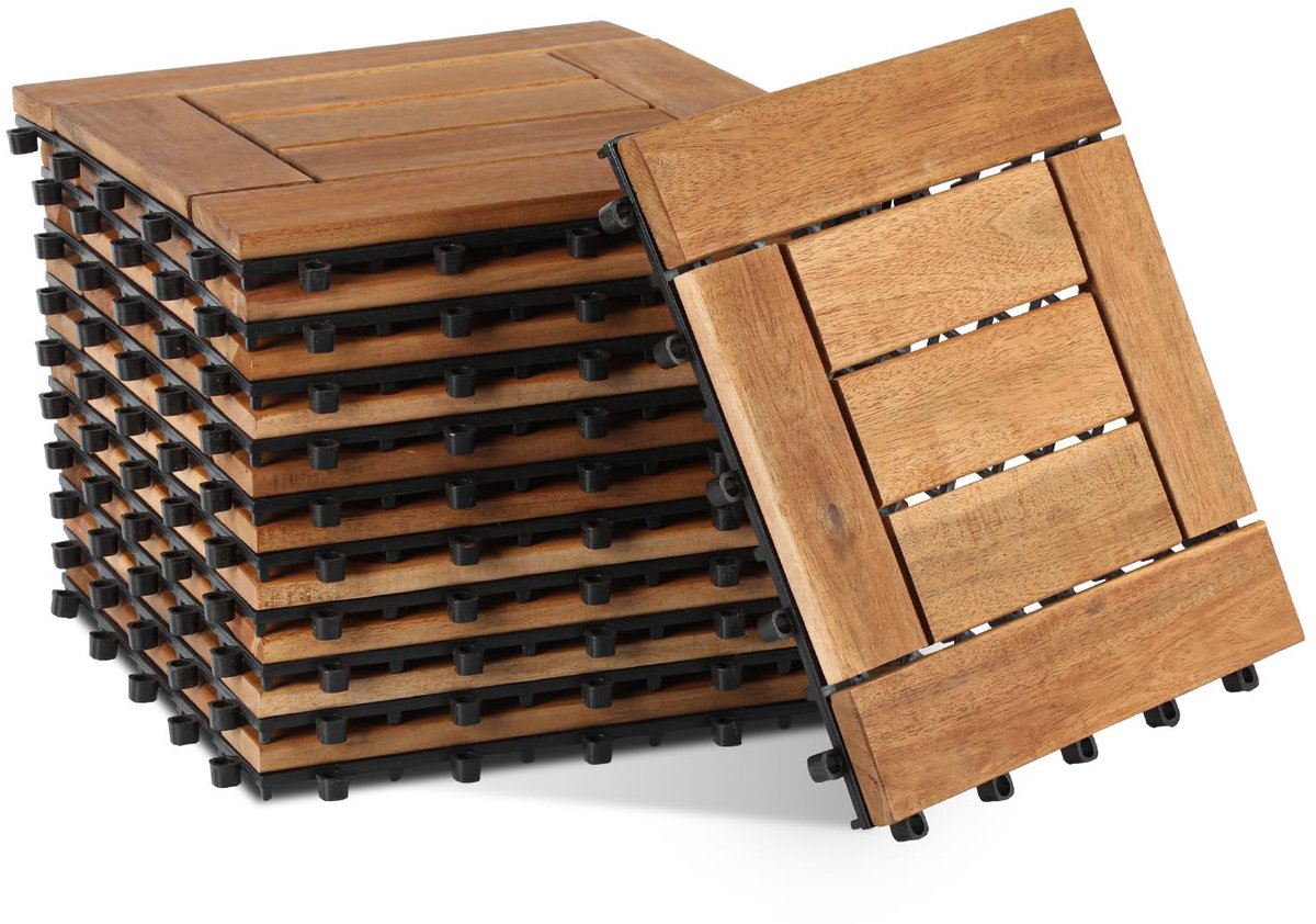 Houten tegels voor balkon en terras, kliktegels van acaciahout, 30 x 30 cm, met drainagesysteem, 44 stuks (4 m²), weerbestendige vloerbedekking voor buiten, gemakkelijk te leggen zonder