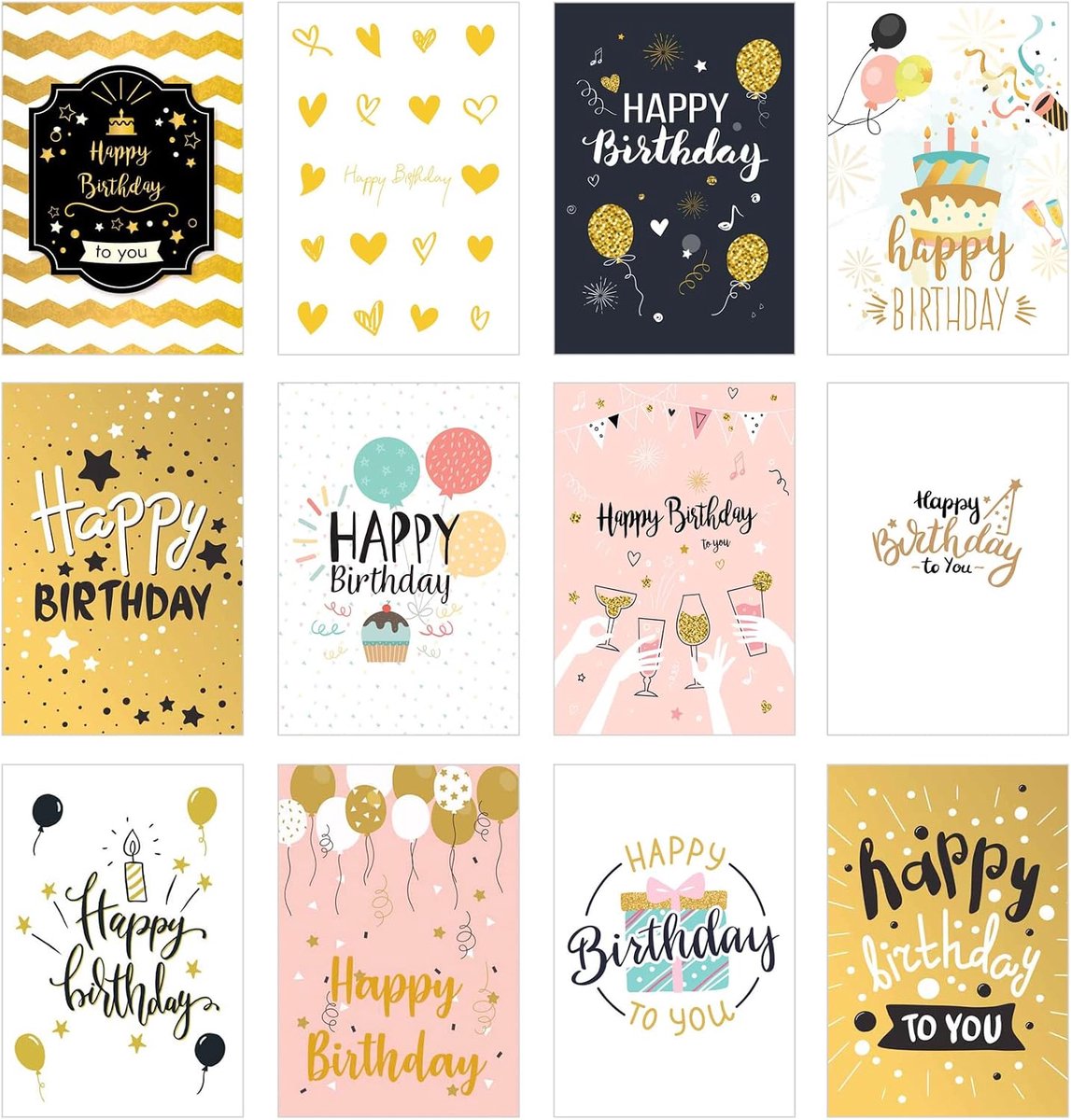 Seidel Set van 12 premium verjaardagskaarten met gouden reliëf en envelop. Wenskaart, wenskaart, verjaardagskaart, man en vrouw, kaarten, Happy Birthday-billet