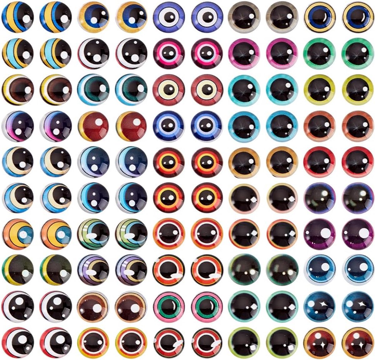 PandaHall 100 stks 50 Stijlen Glas Cabochon Ogen Dragon Eyes Diverse Kleuren Oog Ronde Glazen Ogen Dieren, 12mm/0.47inch Ambachten Cabochons voor Klei Maken Sculpturen Rekwisieten DIY Sieraden