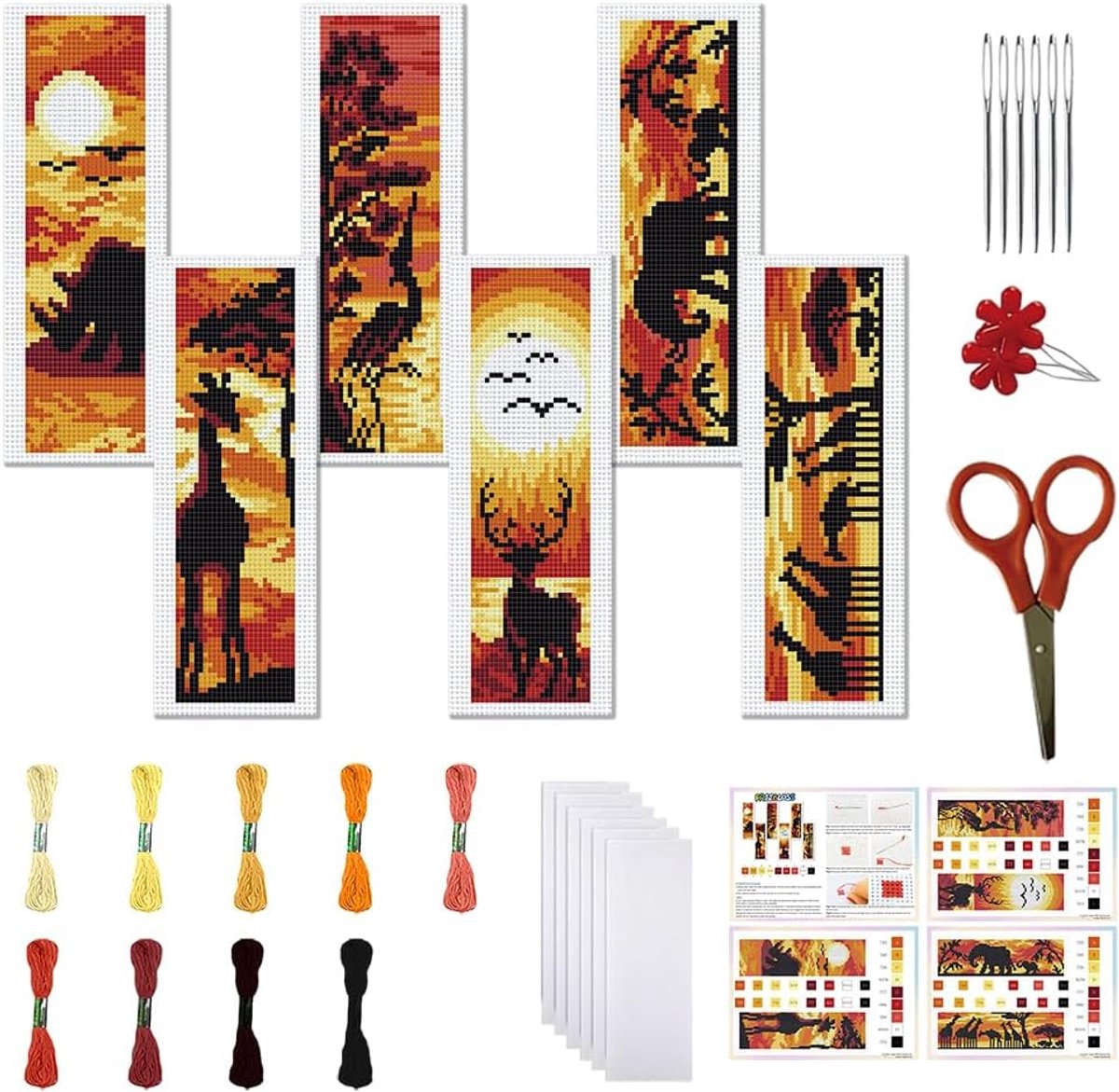 6 Set Kruissteek Bladwijzer Kit Kruissteek Kit Zonsondergang Gestempeld Borduurwerk Bladwijzer met Instructie Kruissteek Kits voor Volwassenen DIY Bladwijzer Kit 20,66 x 7,5 cm