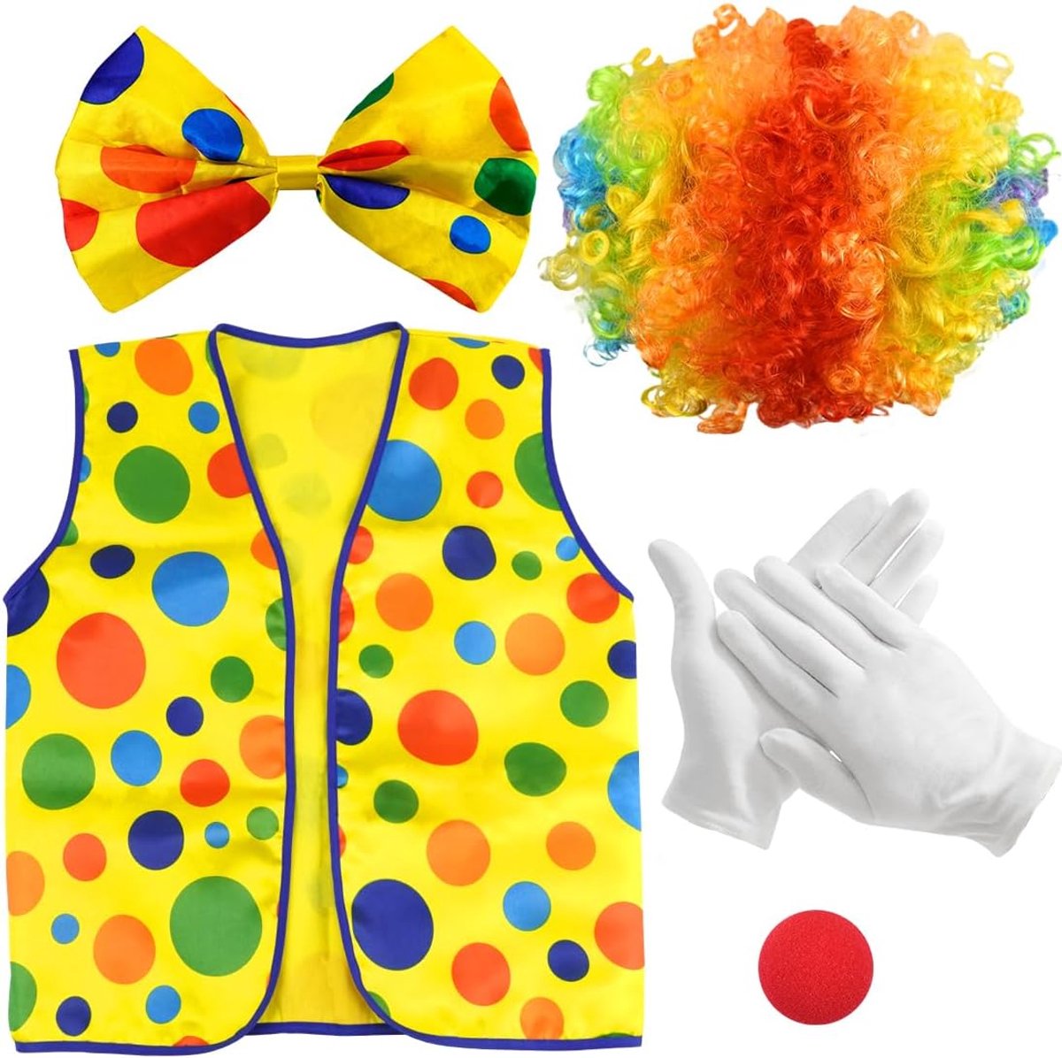 5 stuks clownskostuum, circus clownkostuum, clown krullende pruik, regenboog, clownneushandschoenen, kleurrijke stropdas, clownkostuumaccessoires, carnaval, cosplay accessoire voor kinderen, dames en