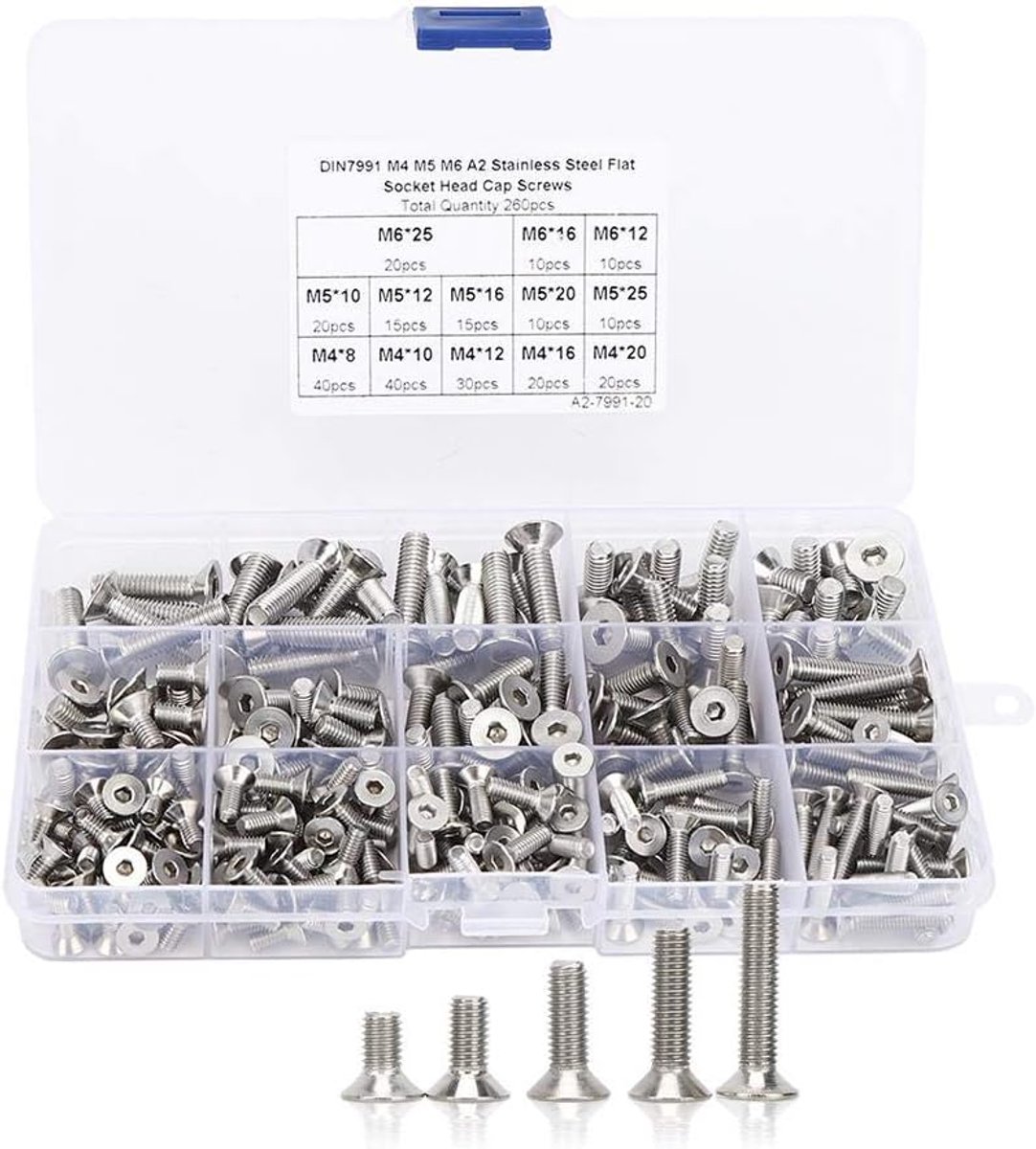 260 Stks Hex Socket Schroef, M4 M5 M6 Roestvrij staal Nauwkeurige Platte Hex Socket Schroeven voor Elektronica Industrie, Schroef Assortiment Kit