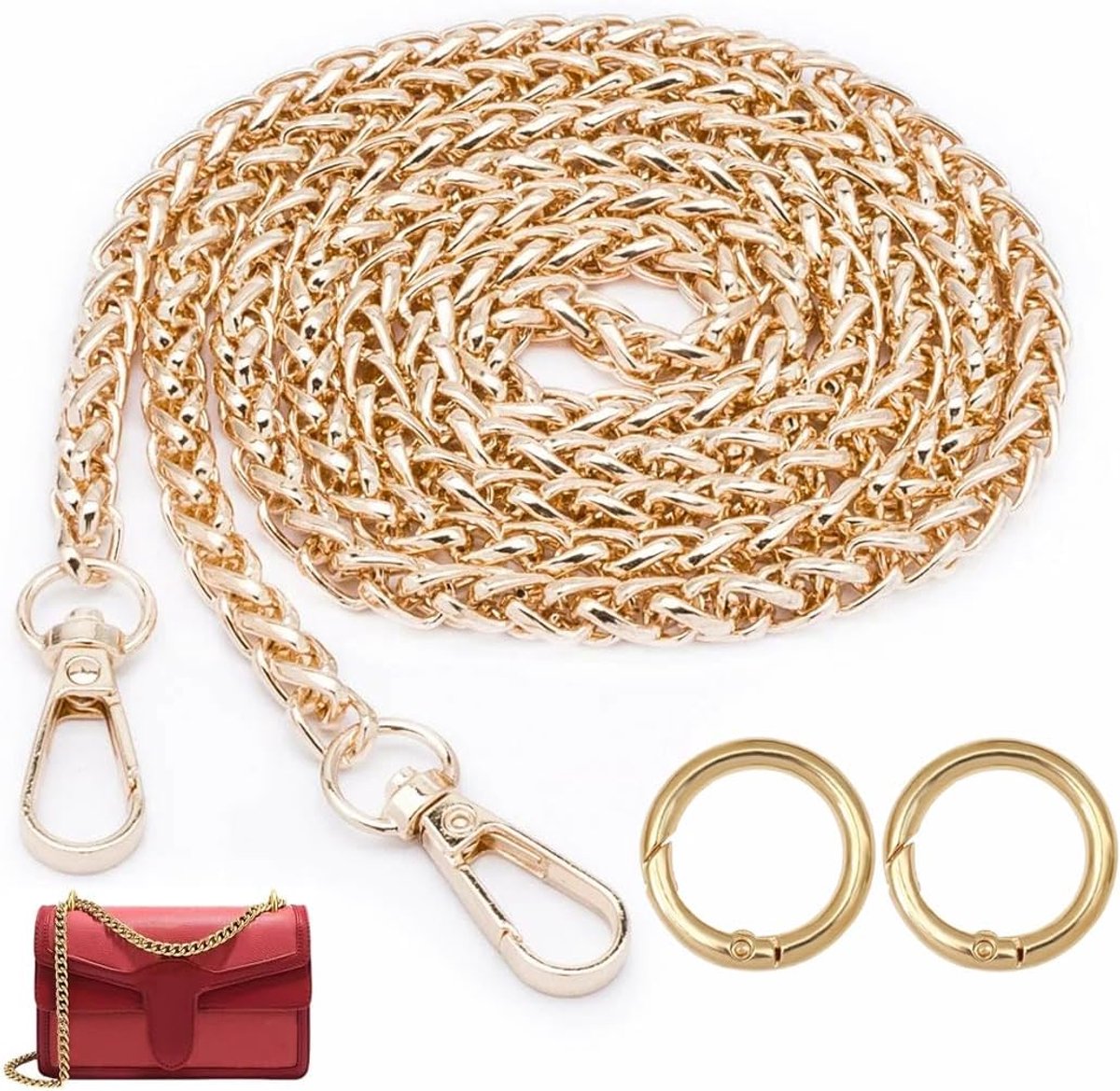 120 cm tassenriem, gouden zakketting met 2 karabijnsluitingen, vervangende zakkettingen