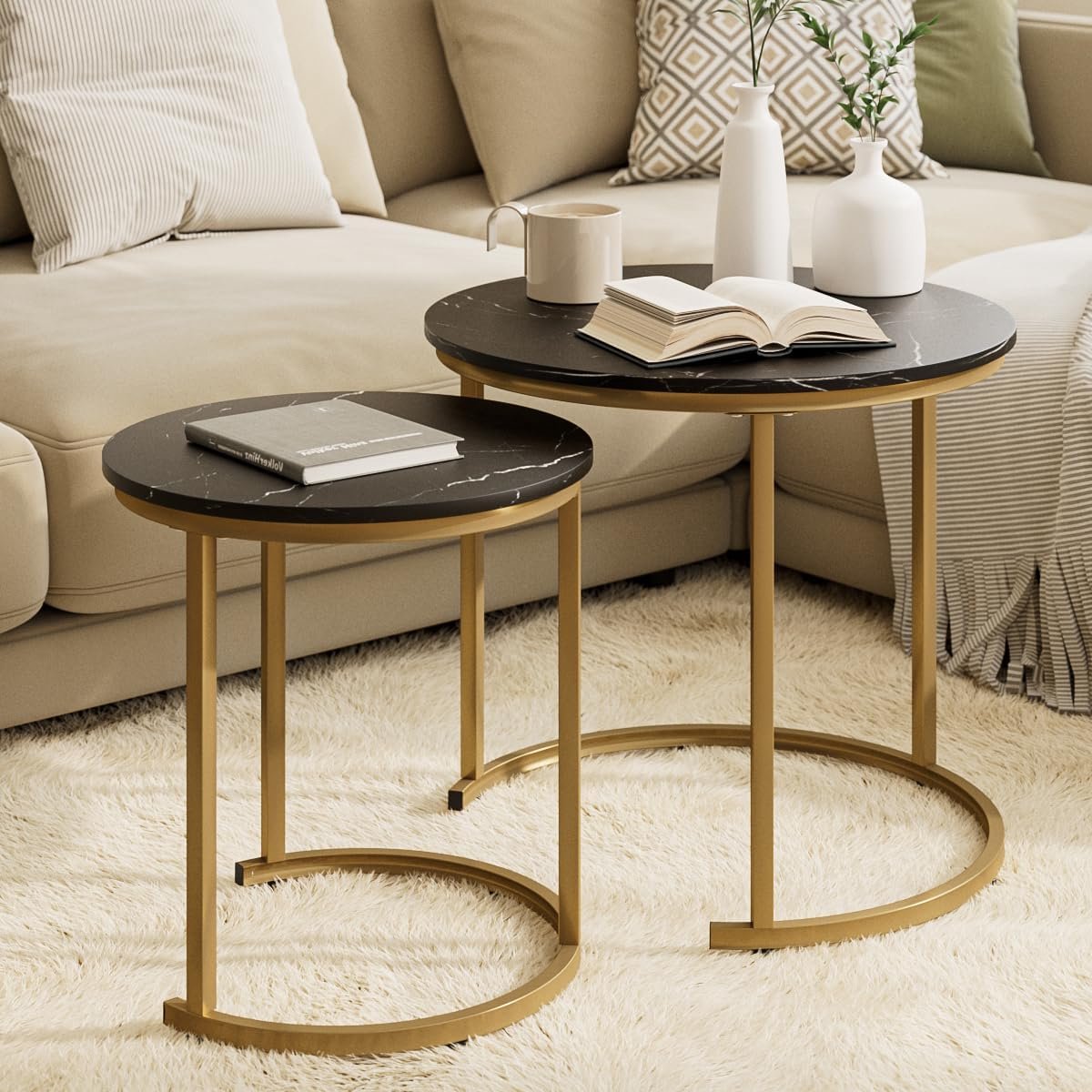 Salontafel Rond Set van 2, Woonkamertafel, Bijzettafels Goud Metaal, Koffietafel voor Sofatafel, Woonkamer, Slaapkamer, Zwart Ink Goud