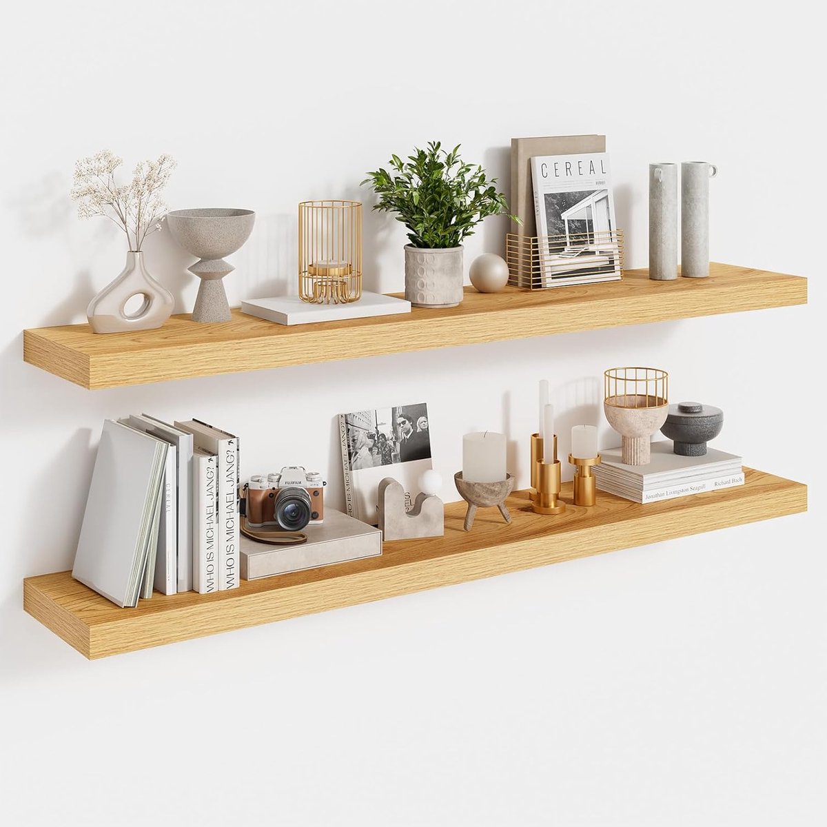 Zwevende plank, set van 2 planken, 90 cm breed, 16,5 cm diep, wandplanken van MDF-hout, voor woonkamer, keuken, slaapkamer, badkamer, beige, 90 x 16,5 x 3,1 cm