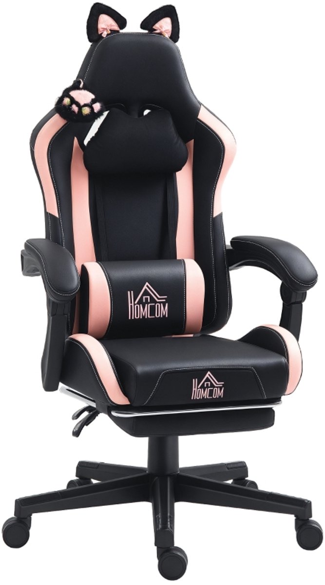 Gamingstoel, 65×62×116-124 cm, zwart, metaal, gamingstoel, computerstoel, leesstoel. Verstelbare rugleuning met uitschuifbare voetensteun, hoofdsteun en lendensteun, 360° draaibaar. Geschikt voor gamekamers, studeerkamers en kantoren.