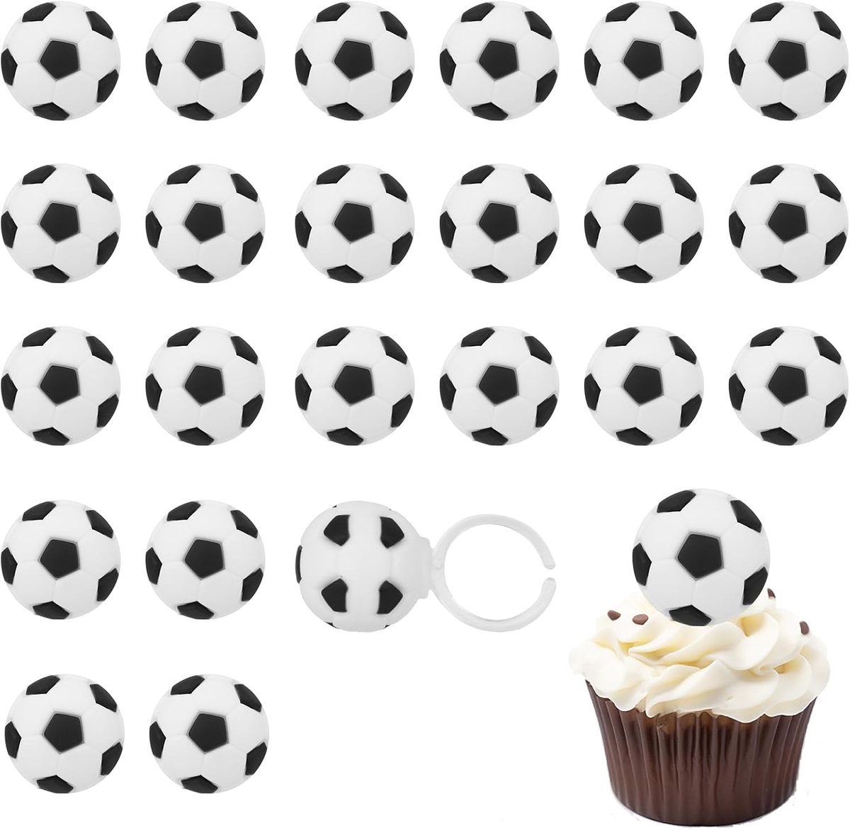 24 Stuks 3D Voetbal Cupcake Ringen, Sportthema Taarttoppers Open Einde Feestringen Voetbal Feestartikelen voor Verjaardag Donuts Muffins Decoratie