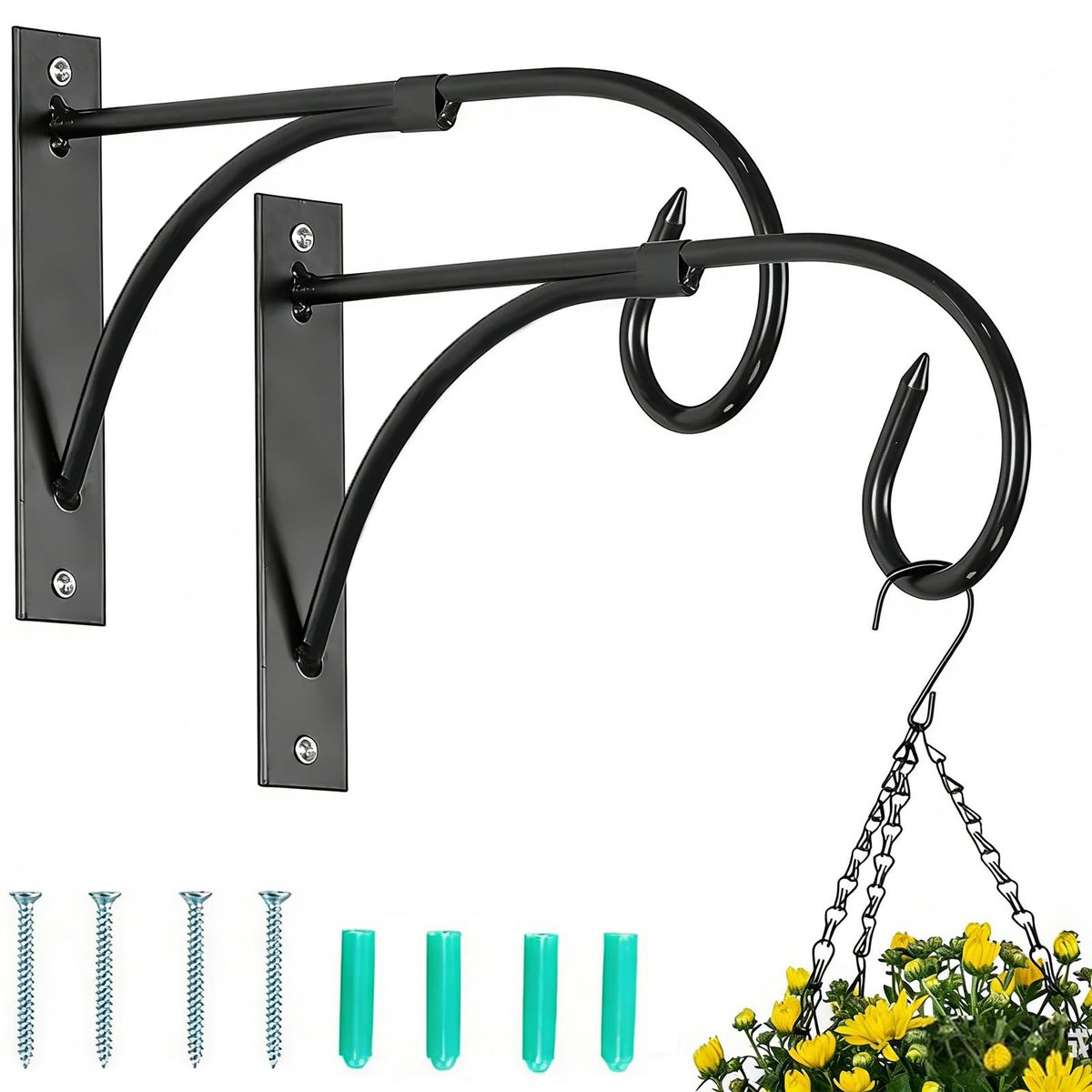 Set van 2 Metalen Hangmand Beugels - Wandhaken voor Hangplanten, Bloempotten, Vogelvoeders & Lantaarns - Stevige Tuinhaken voor Muur, Schutting, Balkon & Tuin - Zwart