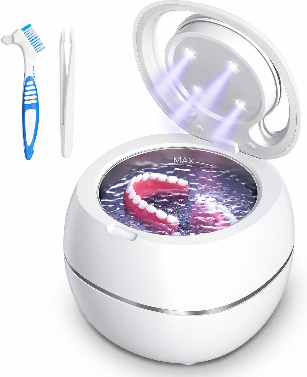 Ultrasoon Reiniger 180 ml – 48 kHz Ultrasoonreiniger met UV-Lamp – Voor Gebitsprothese, Retainer, Aligner, Knarsbitje en Nachtbeugel – Wit