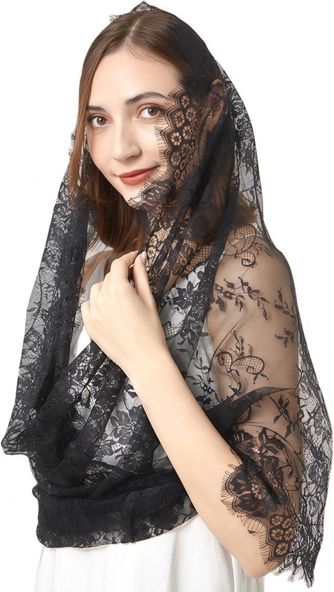 Kantachtige mantilla sluier met bloemen voor bruiden, religieuze ceremonies en uitvaarten