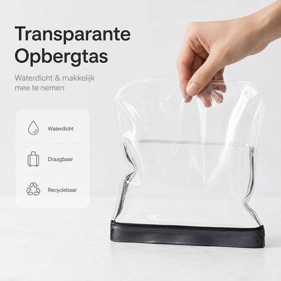 Hand opent een transparante, waterdichte opbergtas met zwarte bodem, gevuld met water.
