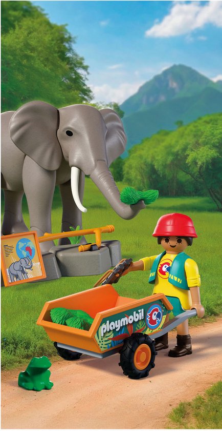 Playmobil olifant met dierentuinmedewerker in gele vest, die bladeren in een oranje wagen schept.