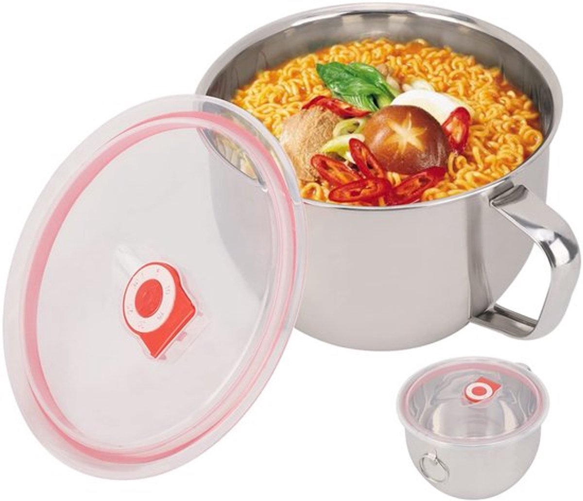 Noodlekom 1300 ml - Roestvrij Stalen Magnetronkom - Soepkom - Instant Noodles - Handvat met Dubbele Lip - 15,5 x 9,5 cm