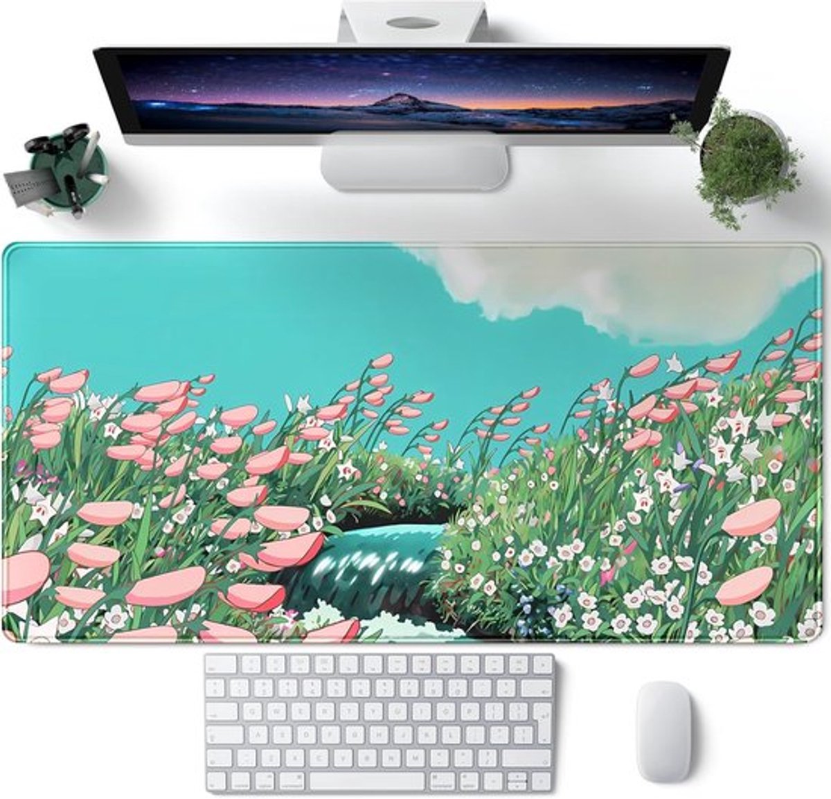 SnelShoppen - XL Gaming Mouse Pad - Cute Anime Floral Desk Pad - Sage Green - Grote Muismat voor Laptop, Computer en Gaming - Kawaii Desk Decor