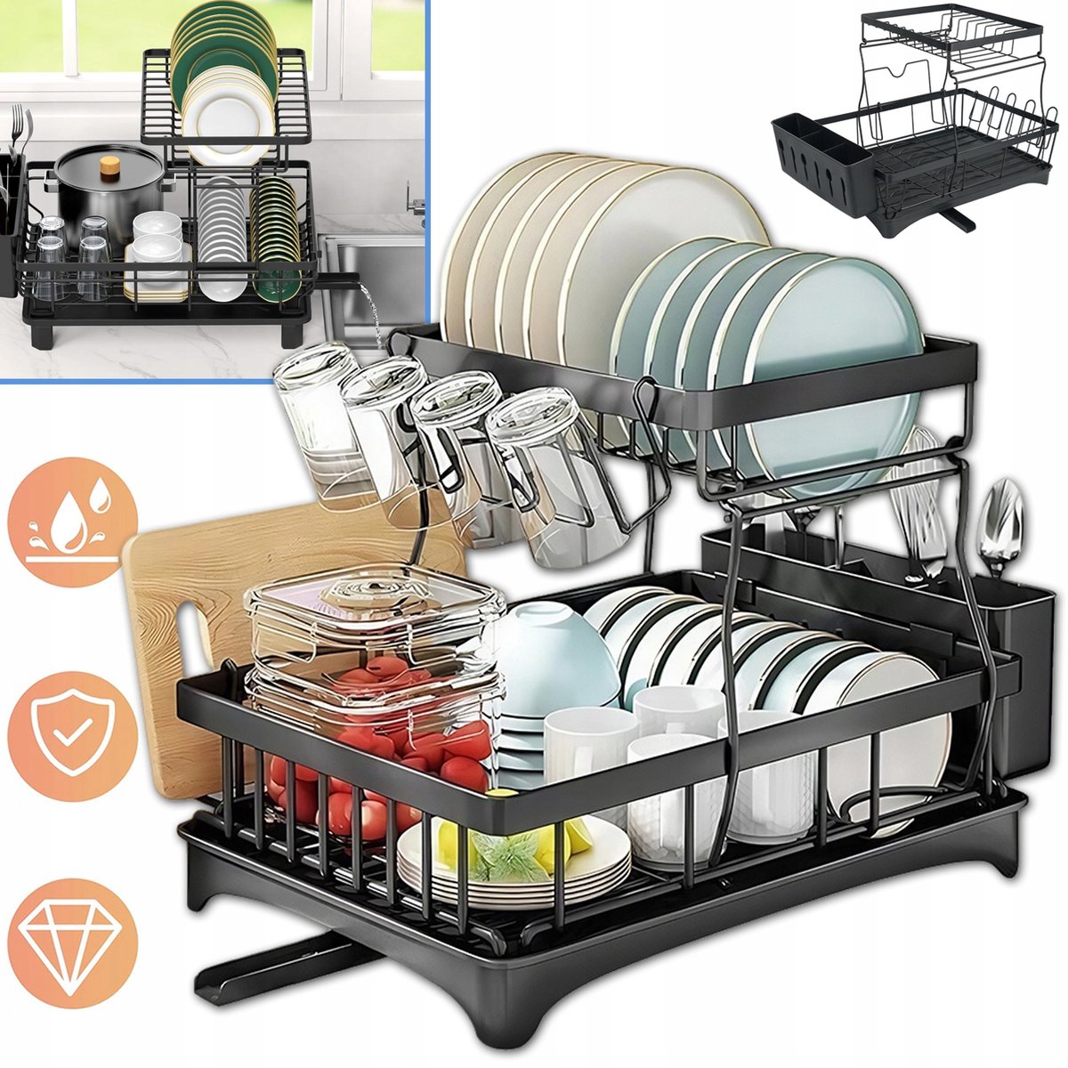 Tweelaags Afdruiprek voor Keuken, Groot, Zwart