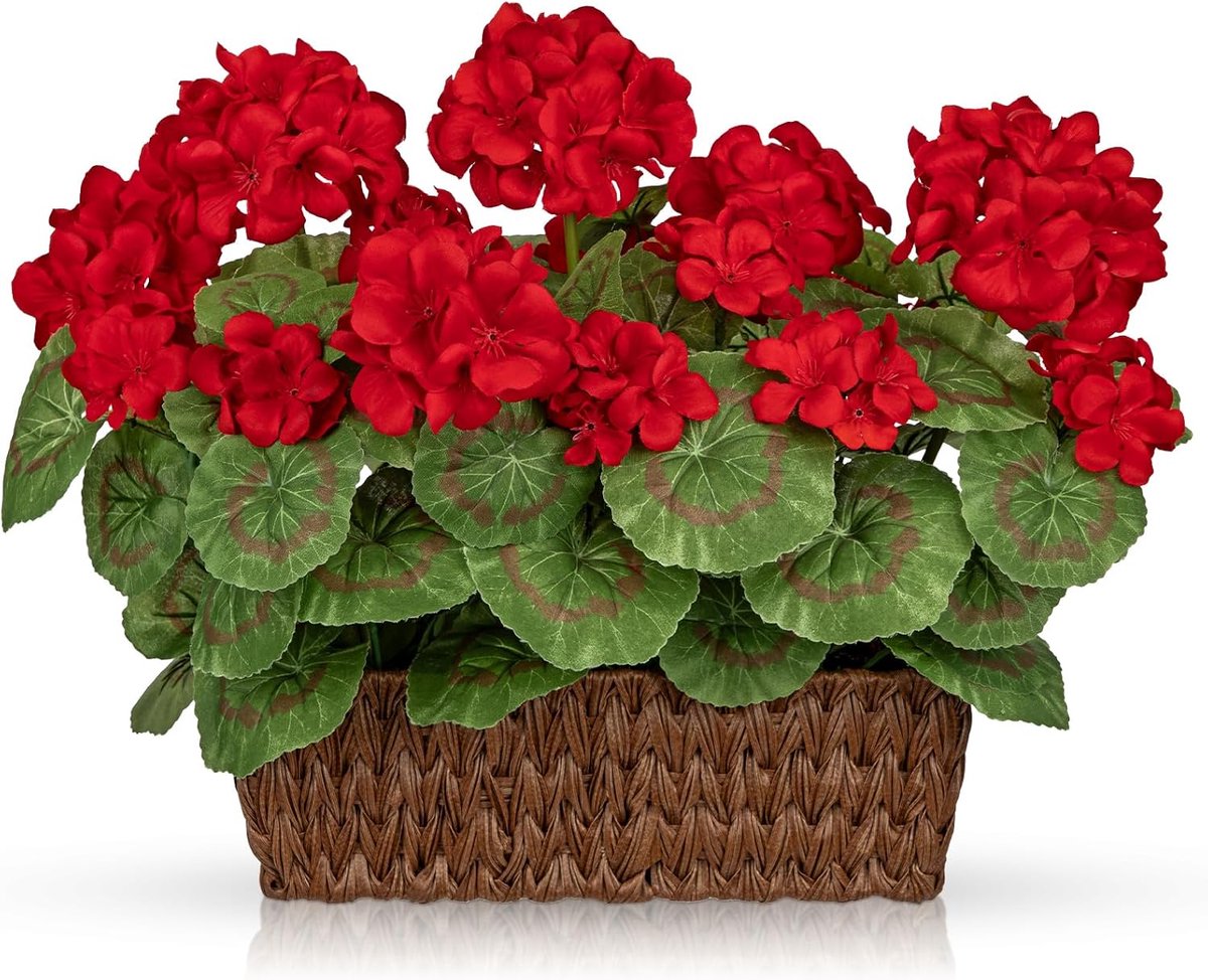 Kunstbloemen in geweven potten 13,8 inch nep rode zijde geranium bloemen faux ingemaakte bloemstuk tafel middenstuk bloem voor thuis keuken bureau vensterbank balkon boerderij decor