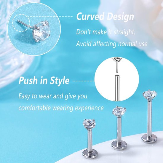 16G Rvs Pushin Lip Rings, Kleurrijke CZ Forward Helix Oorbel, Lengte 6/8/10mm Labret Monroe Medusa Piercing Sieraden voor Vrouwen Mannen, Roestvrij staal Kristal, Kubieke zirkonia — afbeelding 4
