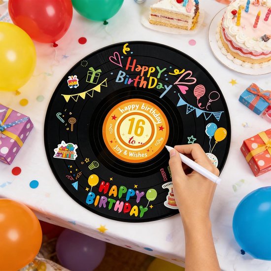 Gastenboek, vinyl, grammofoonplaat, gastenboek, verjaardag, vinylplaat, decoratie - Feestdecoratie, alternatief voor verjaardagsgastenboek, met pen en houder, feestcadeau, bord, poster voor jongens en meisjes — afbeelding 5