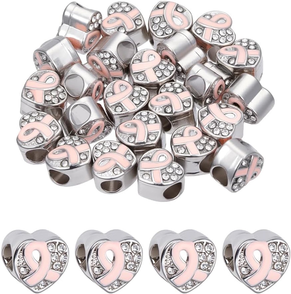 Kralen, roze lint kralen met strass steentjes groot gat voor armband ketting doe-het-zelf sieraden maken, gat: 4 mm